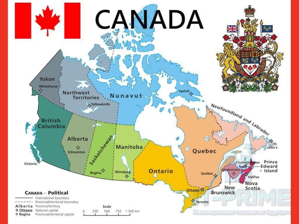 Учебная карта Канада на английском языке